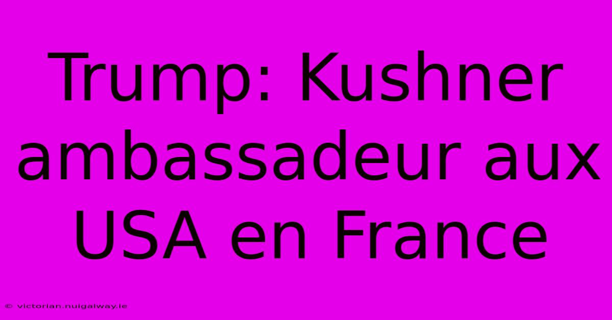 Trump: Kushner Ambassadeur Aux USA En France